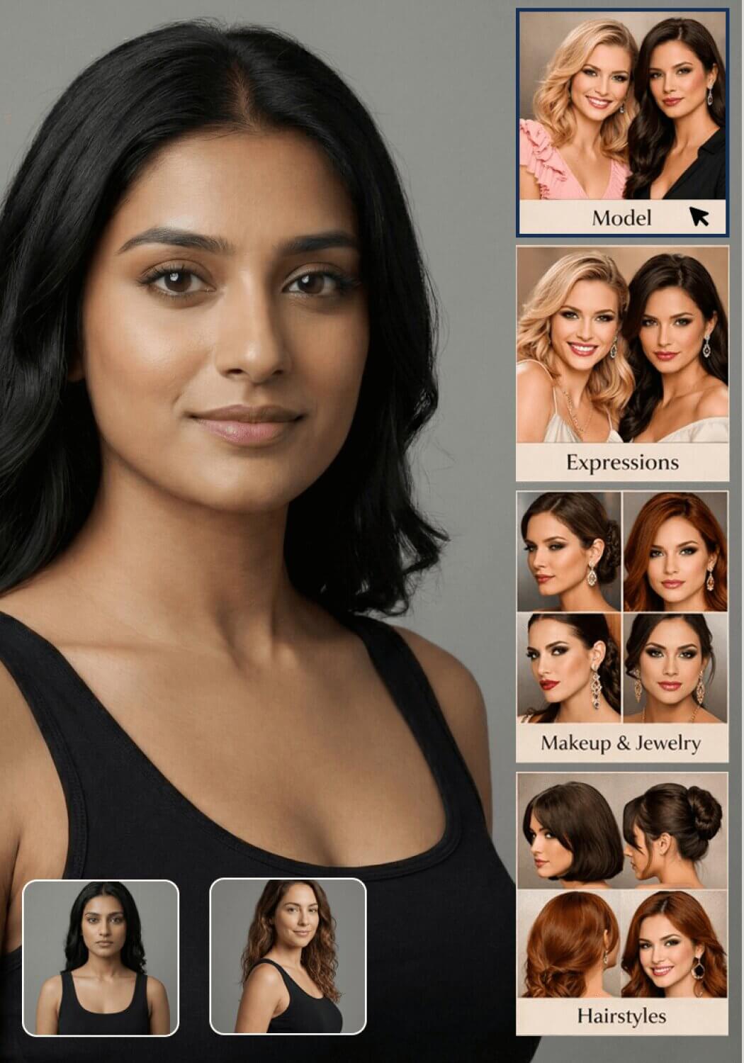 Select model, expressions, makeup, hairstyle, jewelry, and
more with just a few clicks according to clothing.